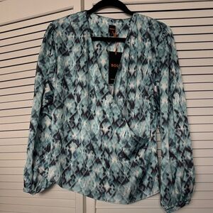 BOSS Orange Label  Teal and Black Abstract Wrap Blouse-Large